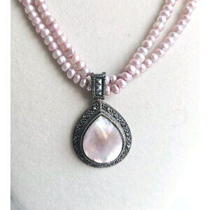 Pink Onyx 925 Sterling Silver Drop Pendant Natural Pearl 18”